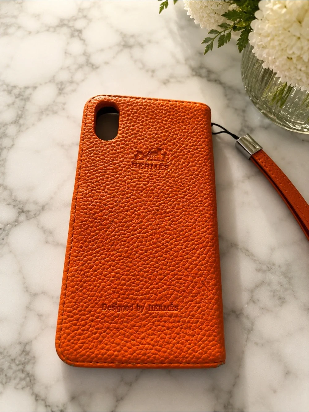 Hermes Orange Pebbled Leather Phone Case with Wrist Strap